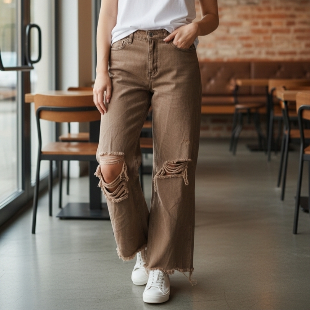 Altar'd State Ripped Brown Straight Leg Jeans